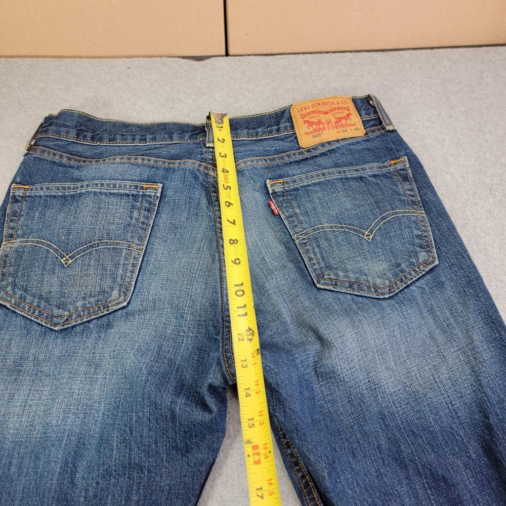 Levis 505 Jeans Mens 34x32 Blue Regular Straight Medium Wash Distressed Denim - Picture 11 of 16